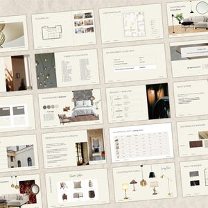 Puede incluir: Una colecci&oacute;n de diapositivas de presentaci&oacute;n de dise&ntilde;o de interiores. Las diapositivas presentan texto, planos de planta, mood boards, paletas de colores e im&aacute;genes de muebles y accesorios de iluminaci&oacute;n. La combinaci&oacute;n de colores es neutra con tonos beige y marr&oacute;n.