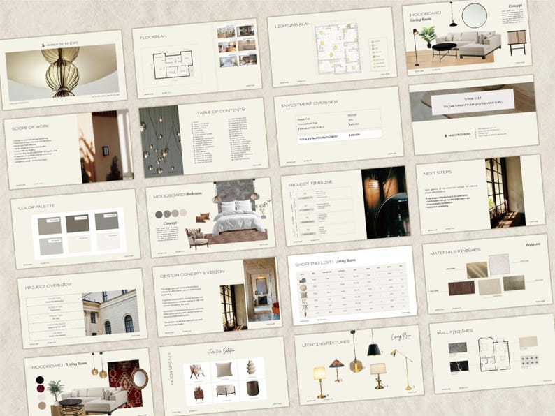 Puede incluir: Una colecci&oacute;n de diapositivas de presentaci&oacute;n de dise&ntilde;o de interiores. Las diapositivas presentan texto, planos de planta, mood boards, paletas de colores e im&aacute;genes de muebles y accesorios de iluminaci&oacute;n. La combinaci&oacute;n de colores es neutra con tonos beige y marr&oacute;n.
