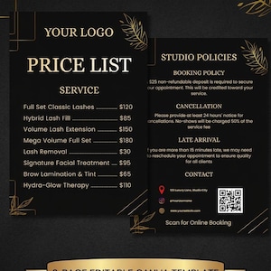 Puede incluir: Plantilla de lista de precios en negro y dorado de dos páginas para Esthetix Studios. La lista de precios incluye servicios como extensiones de pestañas, tratamientos faciales y laminación de cejas. La plantilla también incluye políticas del estudio e información de contacto.