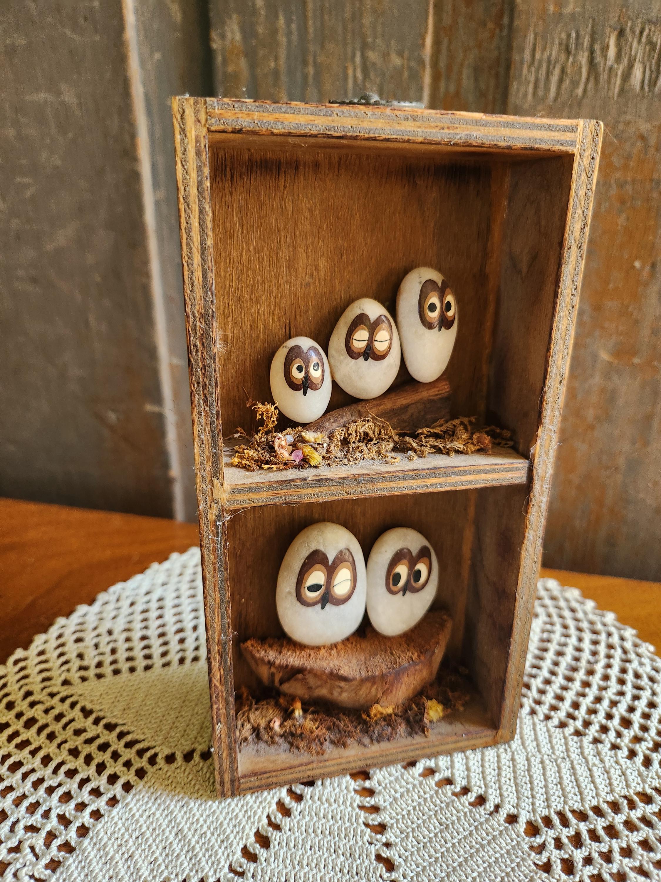 Vintage 1970s Small Drawer Owl Rock Art