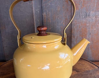 Vintage 1960s Goldenrod Yellow Enamel Tea Kettle with Wood Handle