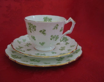 Vintage Aynsley Fine English Bone China Shamock 3 Piece Tea Set for One