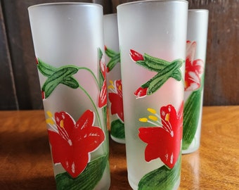 Vintage Set of 5 Tall Frosted Floral Glasses