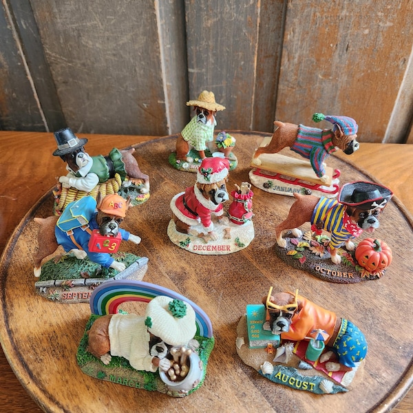 Vintage Danbury Mint Boxer Dog Month Figurine Perpetual Calendar YOU CHOOSE
