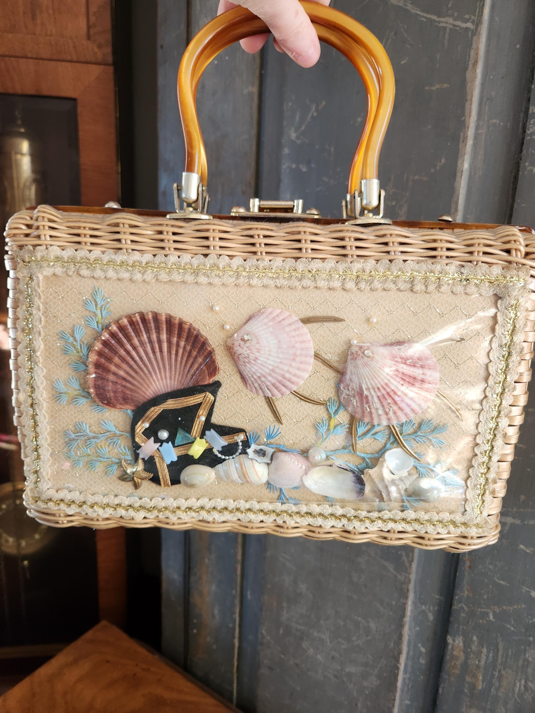 Vintage 50\'s faux wicker sea shell mermaid bag Vintage Seashell Handbag: Faux Wicker, Pearls & Lucite - by  main image 4