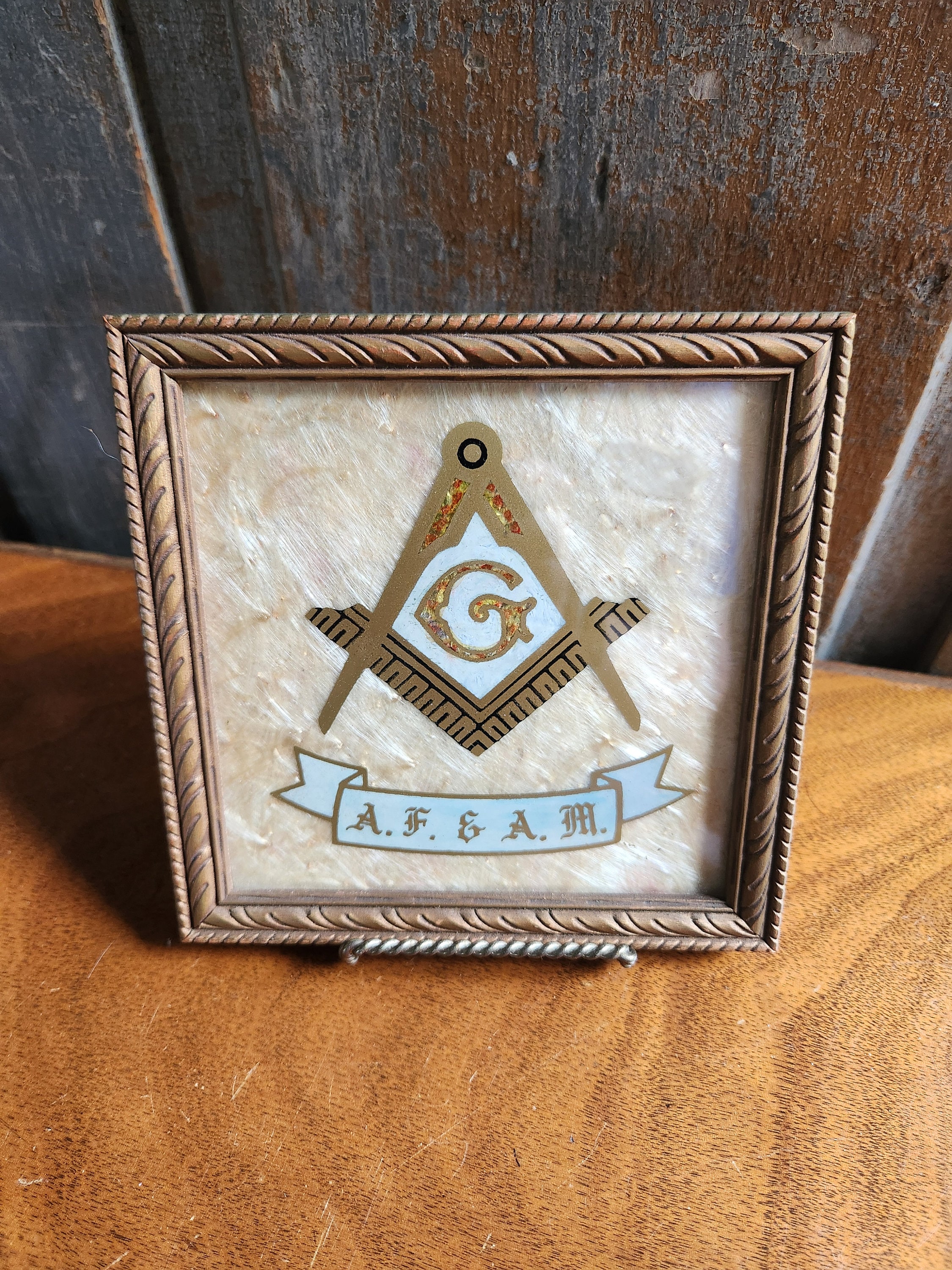 Antique Freemason Reverse Painting on Glass Milkweed Frame