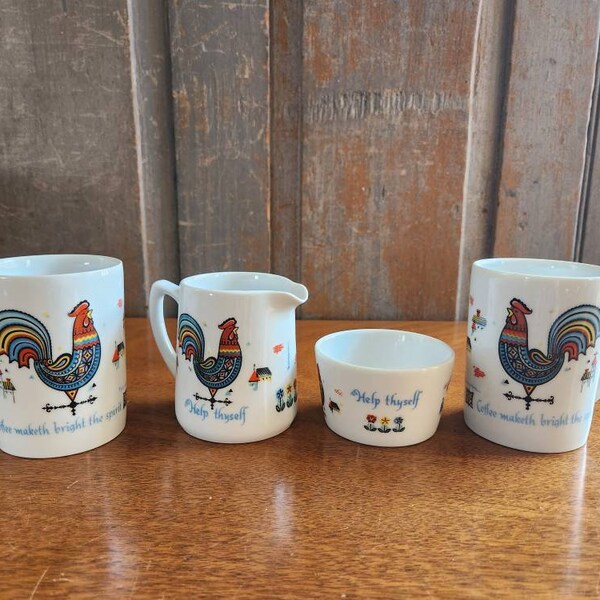 Vintage 1960s Swedish BERGGREN Rooster "Coffee Maketh Bright the Spirit" Coffe Mugs, Cream and Sugar Set