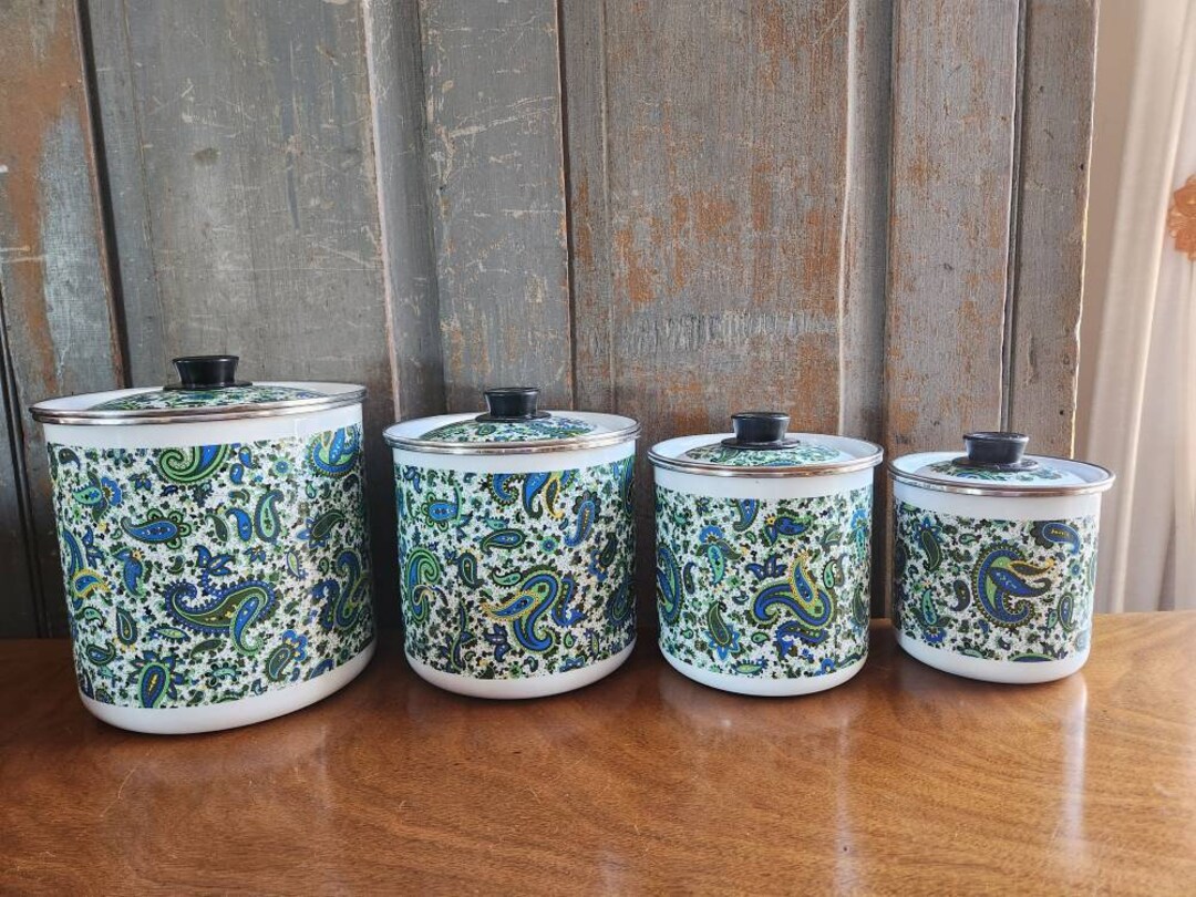 Vintage Set of 4 Paisley Enamel Canister Set Etsy