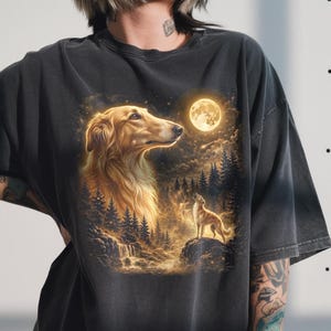 Borzoi Howling Moon T-Shirt, Russian Wolfhound Lover Present, Retro Animal Graphic Tee