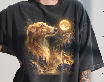 Borzoi Howling Moon T-Shirt, Russian Wolfhound Lover Present, Retro Animal Graphic Tee