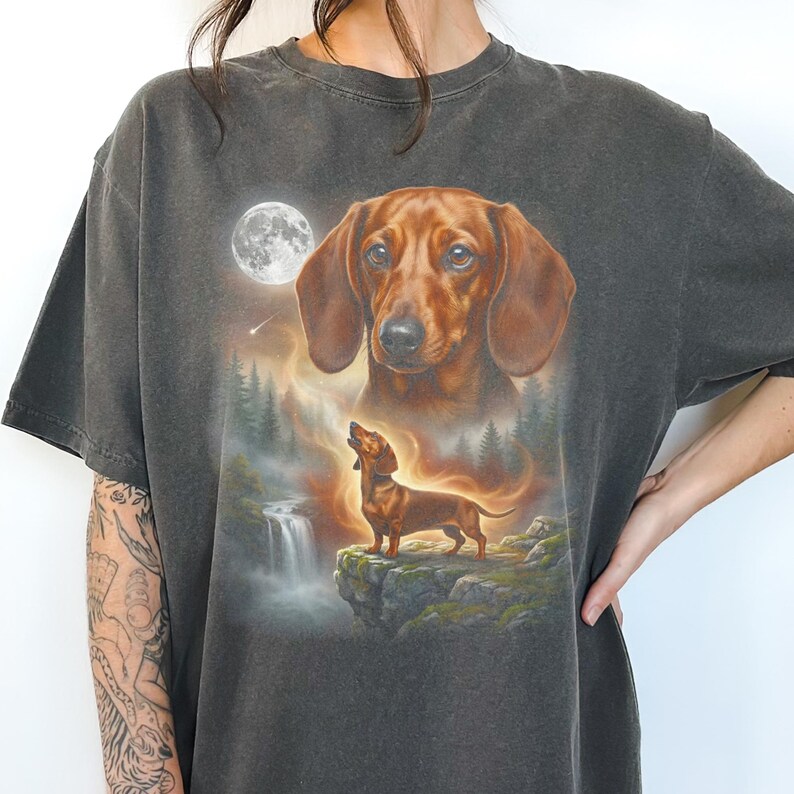 Double exposure artwork of a red smooth coat Dachshund face blending with night forest and full-body dog standing on a cliff.
