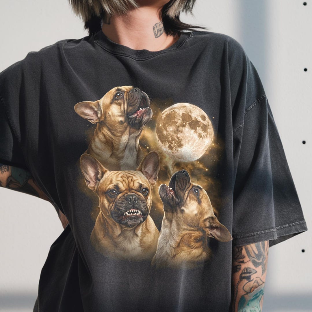 Three French Bulldog Howling to Moon Graphic Tee, Frenchie Lover, Retro ...