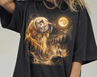 English Setter Howling Moon T-Shirt, Bird Dog Lover Gift, Retro Spotted Canine Graphic Tee