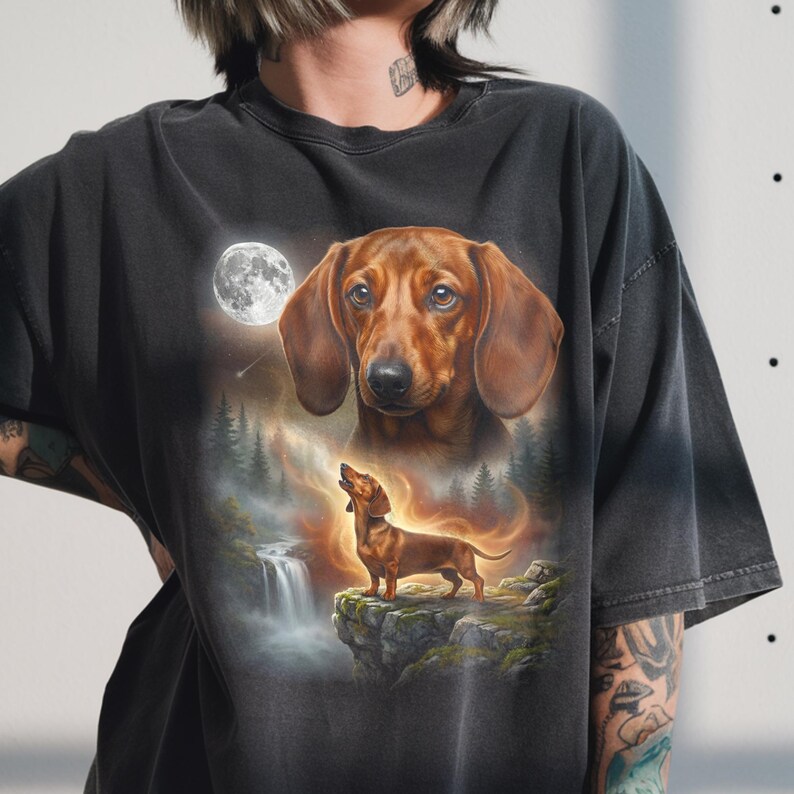 Double exposure artwork of a red smooth coat Dachshund face blending with night forest and full-body dog standing on a cliff.
