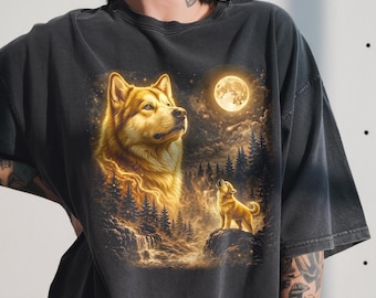 Alaskan Malamute Howling Moon T-Shirt, Arctic Dog Lover Present, Retro Animal Graphic Tee