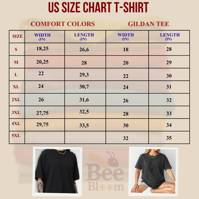 K&ouml;nnte beinhalten: Eine Gr&ouml;&szlig;entabelle f&uuml;r T-Shirts mit Ma&szlig;en in Zoll f&uuml;r die Marken Comfort Colors und Gildan Tee. Die Tabelle umfasst die Gr&ouml;&szlig;en S bis 5XL, mit Breiten- und L&auml;ngenangaben f&uuml;r jede Gr&ouml;&szlig;e. Das Bild zeigt auch zwei T-Shirt-Beispiele.
