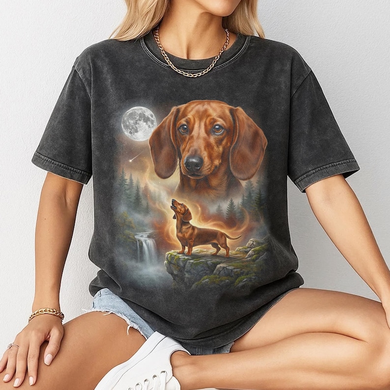 Double exposure artwork of a red smooth coat Dachshund face blending with night forest and full-body dog standing on a cliff.