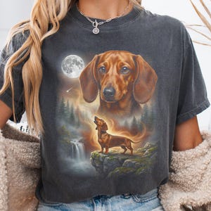 Double exposure artwork of a red smooth coat Dachshund face blending with night forest and full-body dog standing on a cliff.