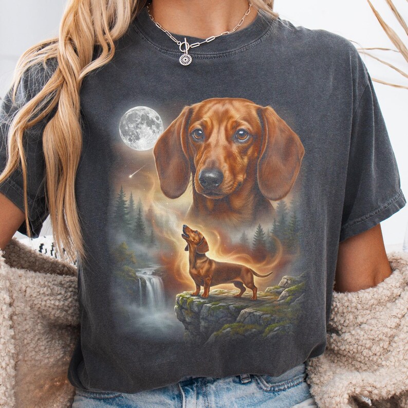 Double exposure artwork of a red smooth coat Dachshund face blending with night forest and full-body dog standing on a cliff.