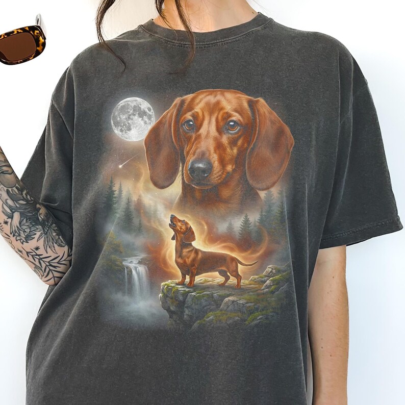 Double exposure artwork of a red smooth coat Dachshund face blending with night forest and full-body dog standing on a cliff.