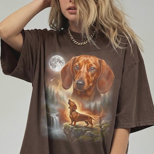 Double exposure artwork of a red smooth coat Dachshund face blending with night forest and full-body dog standing on a cliff.