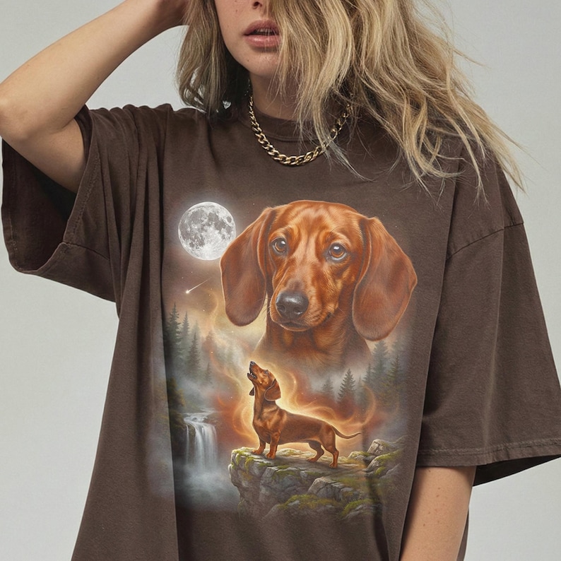 Double exposure artwork of a red smooth coat Dachshund face blending with night forest and full-body dog standing on a cliff.