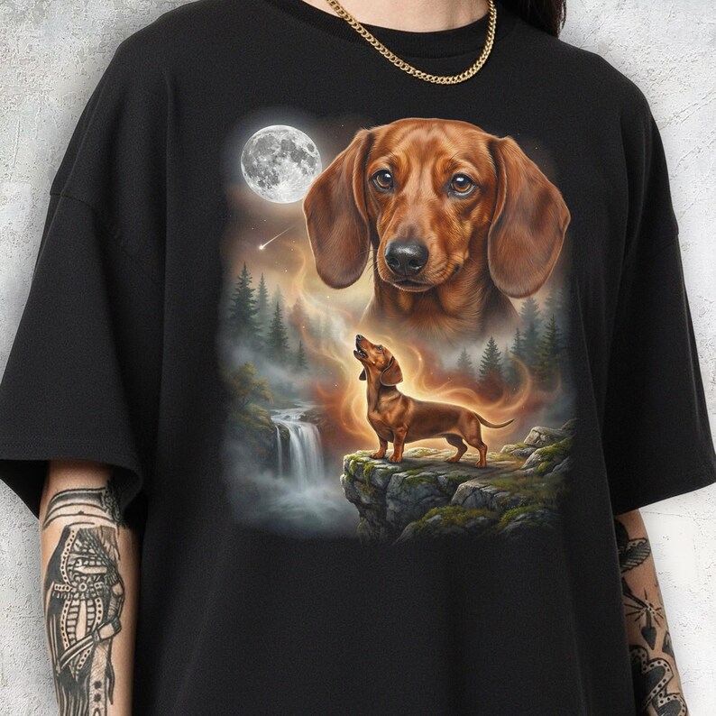 Double exposure artwork of a red smooth coat Dachshund face blending with night forest and full-body dog standing on a cliff.