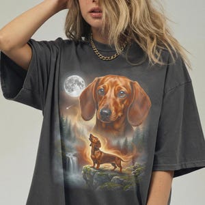 Double exposure artwork of a red smooth coat Dachshund face blending with night forest and full-body dog standing on a cliff.