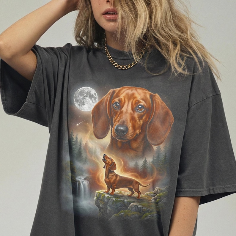 Double exposure artwork of a red smooth coat Dachshund face blending with night forest and full-body dog standing on a cliff.