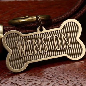 May include: A bone-shaped, brass-colored pet tag with the name "WINSTON" engraved in a stylized font. The tag has vertical lines and a small loop for attachment. The tag is resting on a brown leather surface.