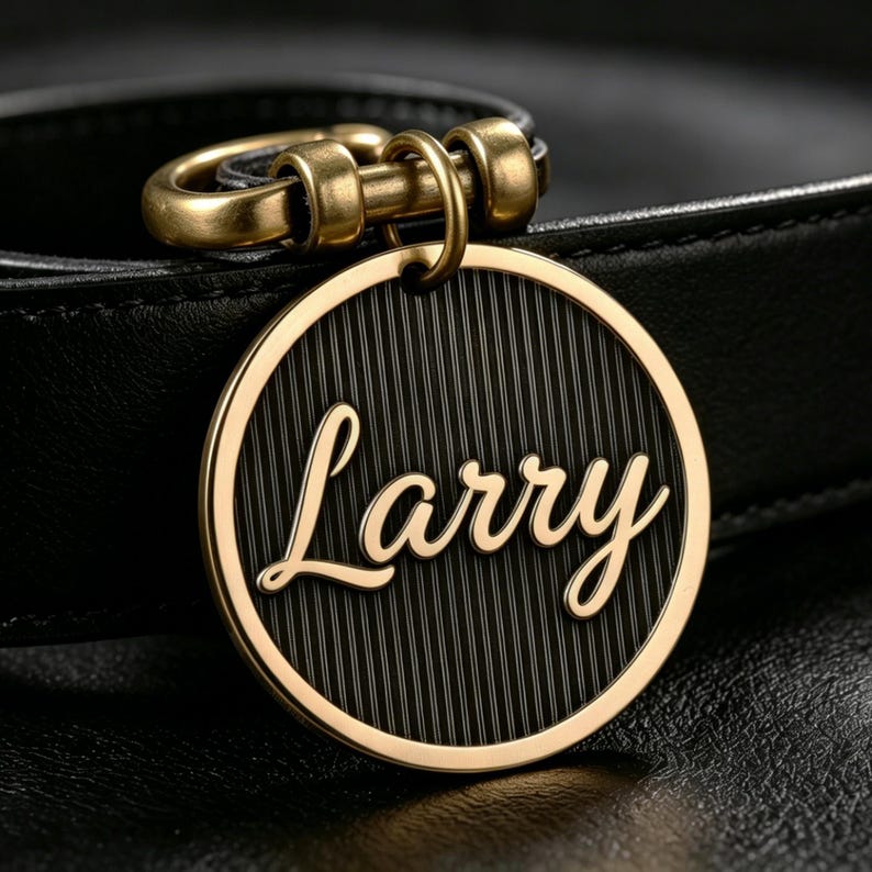 May include: A circular black and gold metal tag featuring the name Larry in elegant gold script lettering. The tag has a vertically striped black background and is attached to a black leather strap by a gold-toned metal ring and hardware.
