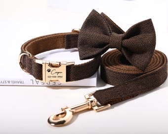 Conjunto de collar y correa para perro de boda personalizado (incluye lazo), hebilla de metal con nombre de mascota grabado, regalo de boda para perro, collar de perro, regalo para mascota querida