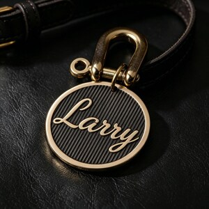 May include: A circular metal tag with a gold-toned rim and a black, vertically ribbed center. The name Larry is written in gold-toned cursive script across the center. The tag is attached to a dark brown leather strap with a gold-toned metal clasp.