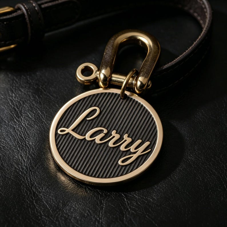 May include: A circular metal tag with a gold-toned rim and a black, vertically ribbed center. The name Larry is written in gold-toned cursive script across the center. The tag is attached to a dark brown leather strap with a gold-toned metal clasp.