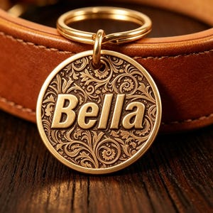 May include: A gold-colored, circular pet tag with the name "Bella" in bold letters. The tag features an ornate, floral design and is attached to a gold ring. The background includes a brown leather collar and a dark wooden surface.