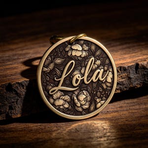 May include: A circular metal tag with a brass-toned rim and a dark, recessed background featuring an intricate floral pattern. The name Lola is embossed in a prominent, raised script font across the center of the floral design.