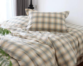Minimalist Blue Brown Gingham Cotton Duvet Cover Set, Twin to King Sizes, Dorm Bedding Set, Moving Gift