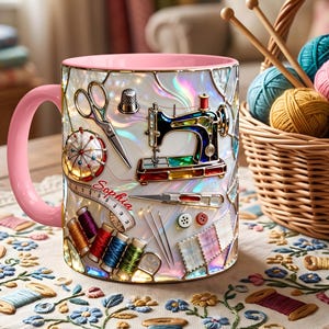 May include: A ceramic mug with a pink handle and interior, featuring a colorful stained-glass style print of sewing tools including a sewing machine, scissors, thimble, needles, thread spools, and a measuring tape with the name Sophia printed on it.