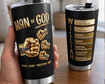 Personalisierter Mann Gottes Becher, Christian Dad Geschenk, Benutzerdefinierte Kindernamen Tasse, Bibel Vers Reisebecher, Glaubensgeschenk für Papa