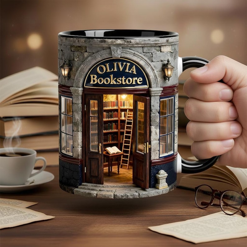 May include: A ceramic mug featuring a three-dimensional design of a stone bookstore facade with the text Olivia Bookstore above the open double doors. The interior view shows bookshelves, a ladder, and a small table with an open book inside.