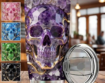 Personalized Skull Tumbler, Custom Name Gothic Skull Cup, Stainless Steel Tumbler, Crystal Skull Gift for Women Men, Halloween Gift.