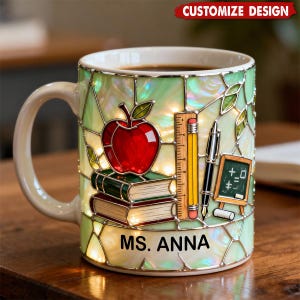 Mug personnalisé pour professeur, design Apple Books en vitrail, Mug personnalisable avec nom
