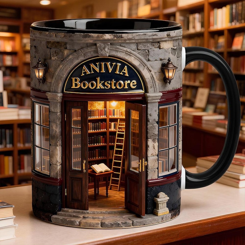 May include: A ceramic mug shaped like a bookstore storefront with a stone-textured facade, arched doorway, and open doors revealing an interior with bookshelves, a ladder, and a table. The sign above the door reads ANIVIA Bookstore in gold.
