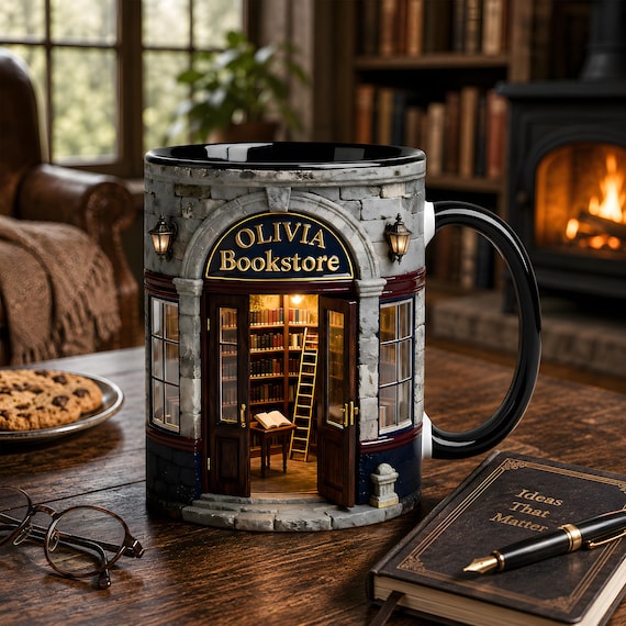 Personalized Book Coffee Mug, Miniature Bookstore Scene, Custom Reader Name Ceramic Cup, Cozy Library Tea Drinkware, Bookworm Gift for Her.