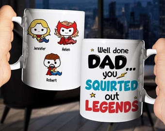 Funny Dad Mug, Personalized Kids Superhero Coffee Cup, Well Done Dad Gift, Rude Father’s Day Gift, Birthday Gift From Kids
