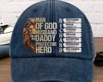 Personalized Man Of God Hat, Custom Name Christian Dad Cap, Lion Faith Bible Verse Gift For Husband Daddy Protector Hero