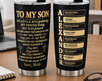 Personalized Christian Tumbler For Son Grandson, Bible Verse Prayer Gift From Mom Grandma, Black Gold Faith Travel Cup