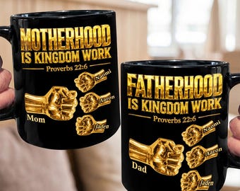 Personalisierte Vaterschaftstasse, Mutterschaftstasse, christliches Elterngeschenk, benutzerdefinierte Kindernamen-Kaffeetasse, Bibel-Vers-Familientasse