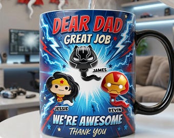 Personalized Dear Dad Superhero Mug, Custom Kids Name Father’s Day Gift, Birthday Coffee Cup, Daddy Thank You Mug