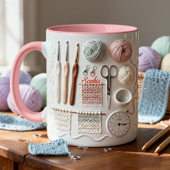 Personalized Crochet Mug, Yarn Lover Gift, Crafter Coffee Cup